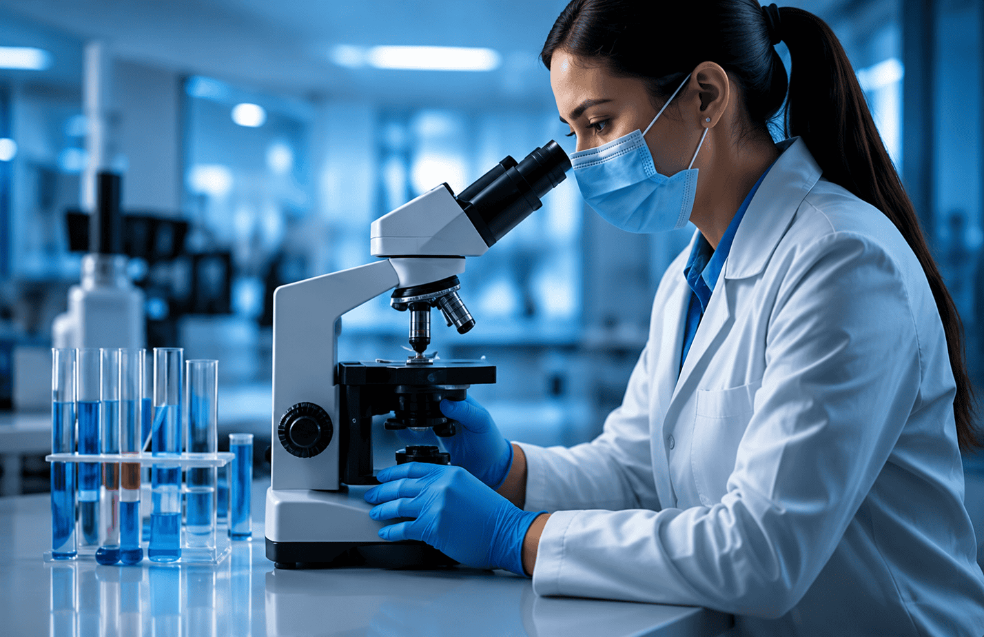 Stem cell researcher working with laboratory equipment in a regenerative medicine clinic