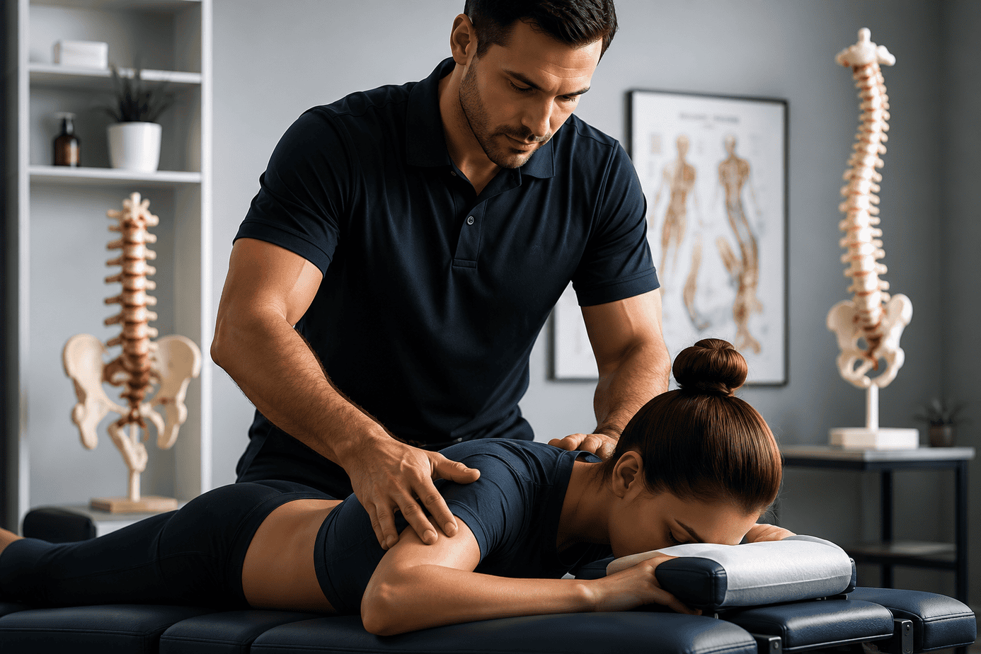 Chiropractor performing a spinal adjustment on a patient during a treatment session