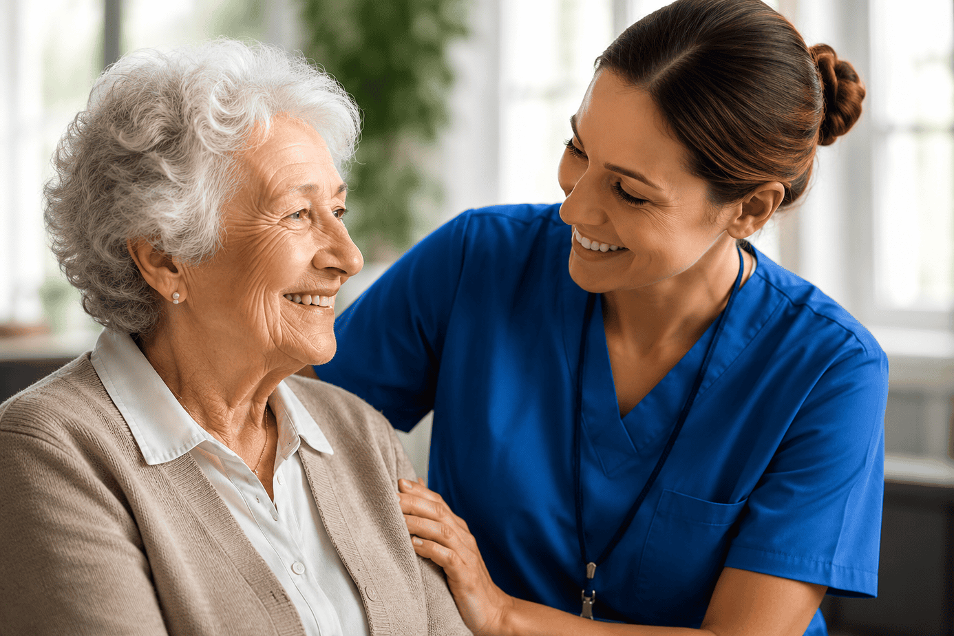 Home health caregiver assisting a senior patient with daily care in their home
