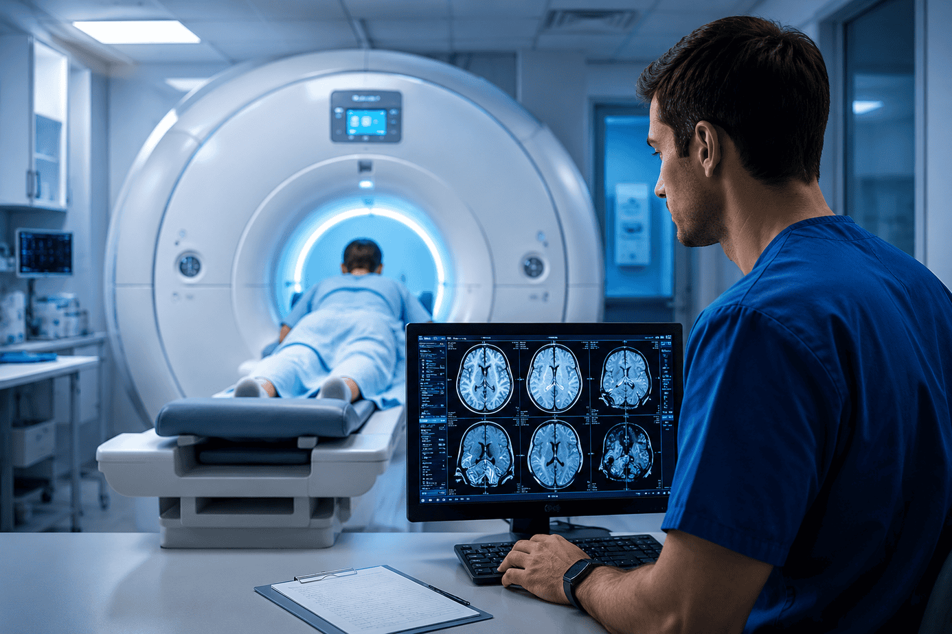 Radiologist reviewing MRI scan results at a diagnostic imaging control station