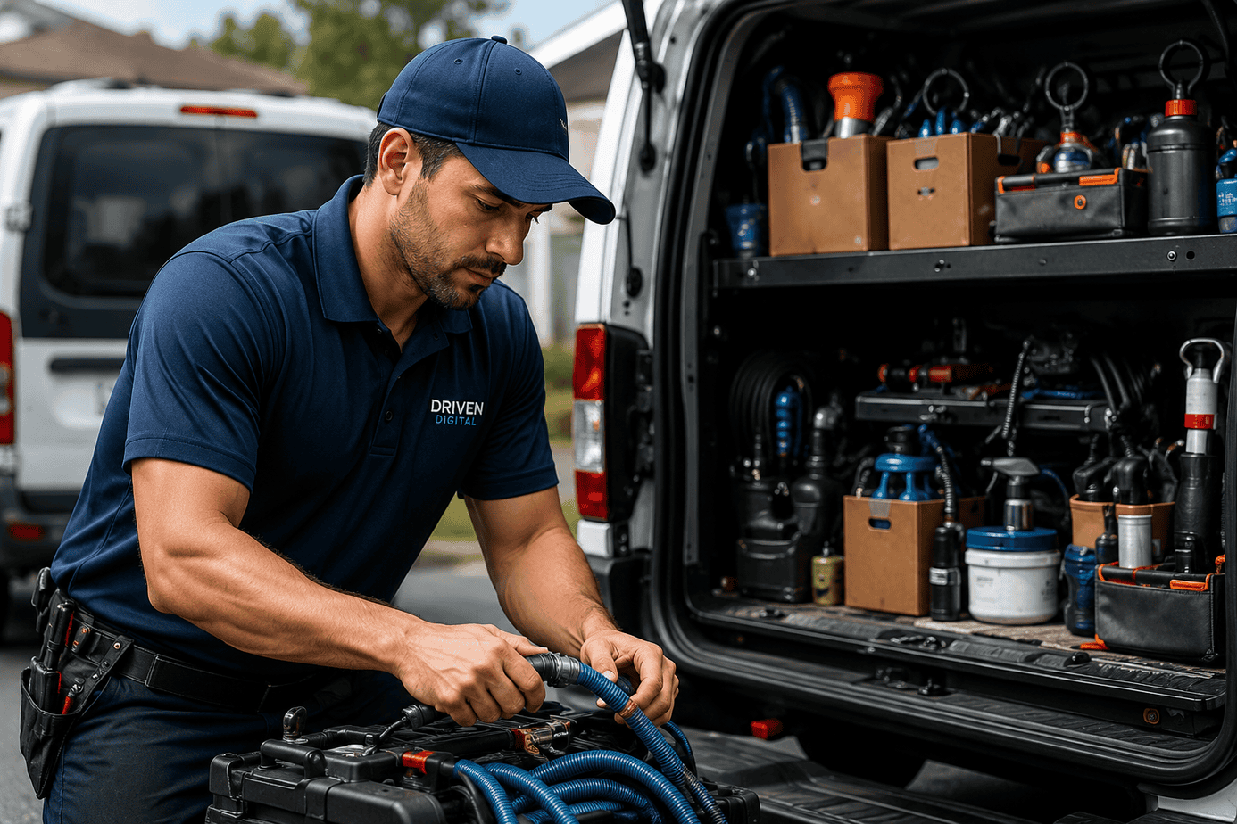 Home services technician with a fully equipped service van ready for a residential job